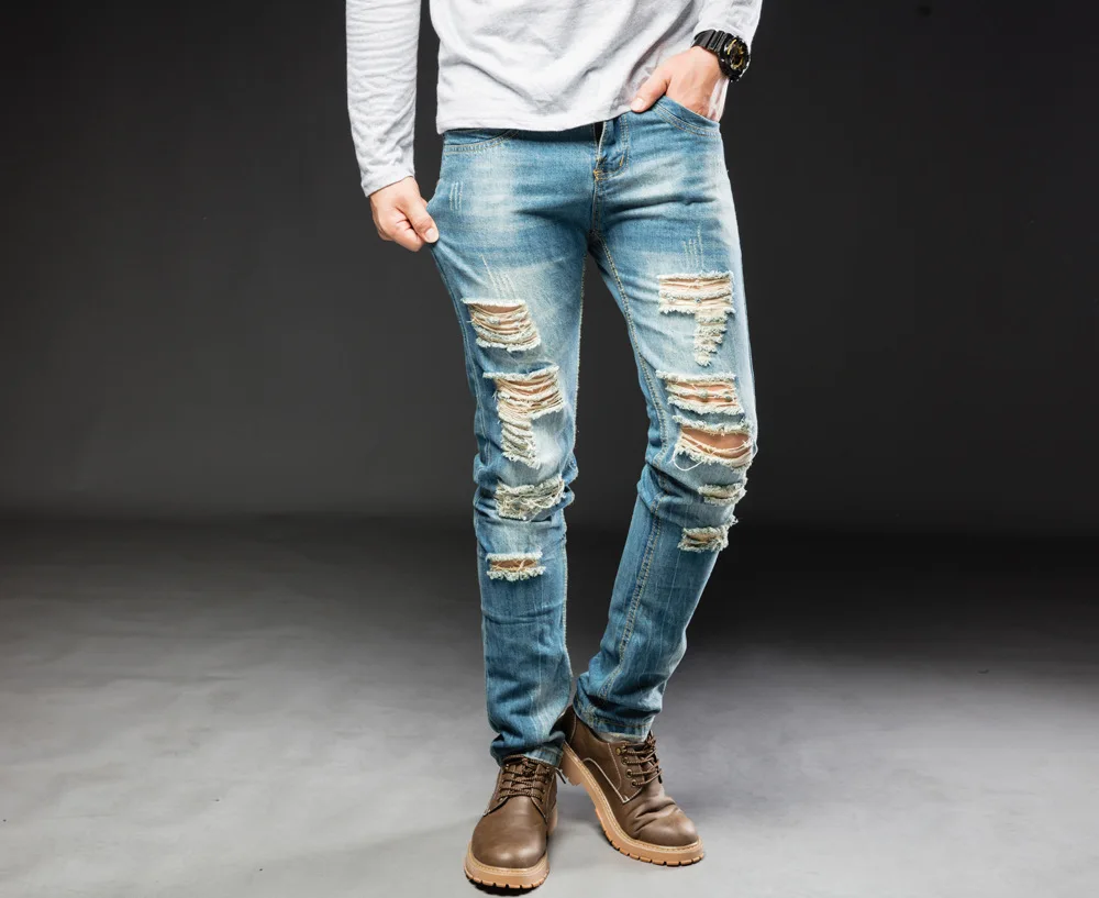 Мужские рваные джинсы тонкие прямые Европейский легкий мужские джинсовые брюки: мужские джинсы