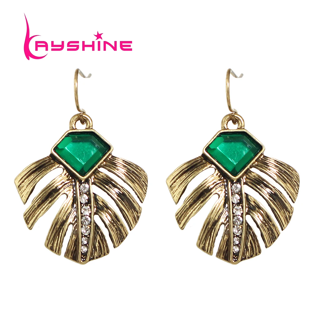 Vintage Female Earrings Costume Jewelry Anqitue Gold Color with Green Stone and Rhinestone
