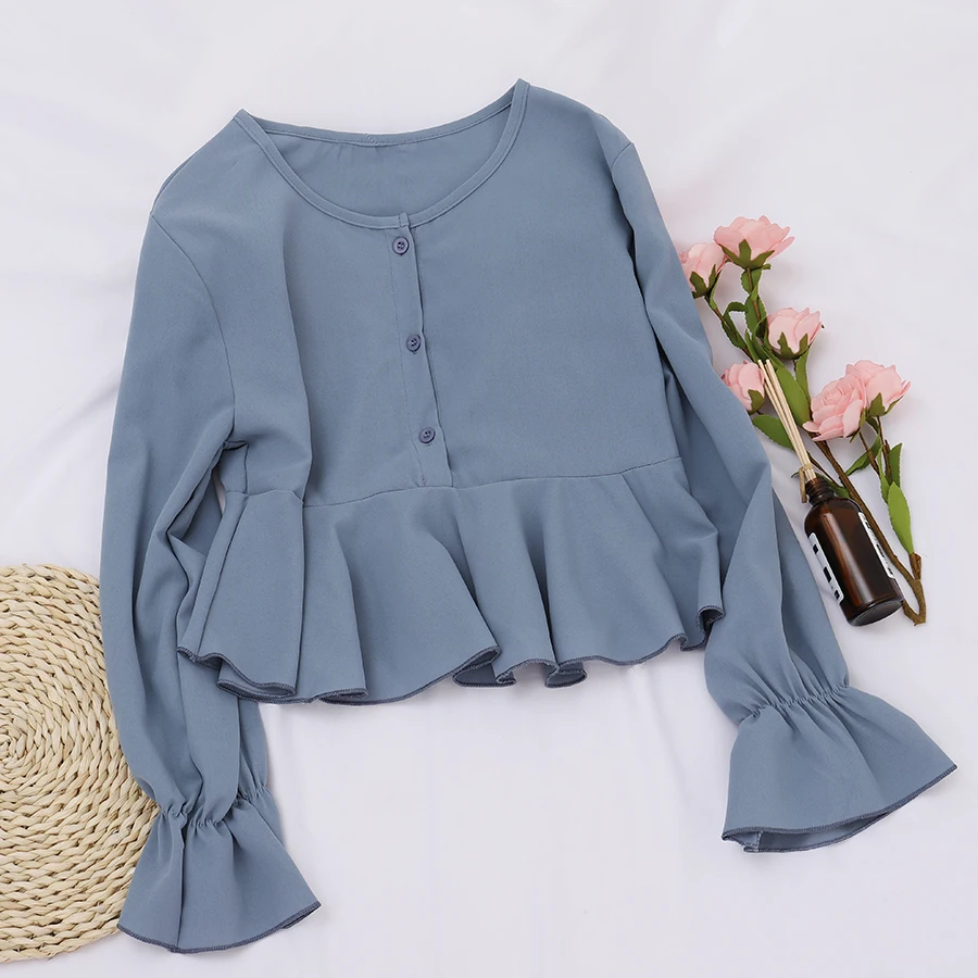 

Women Summer O-Neck Flare Sleeve Chiffon Ruffles Basic Shirt Vintage Short Slim High Waist Cardigan Button Pleated Blouse Tops