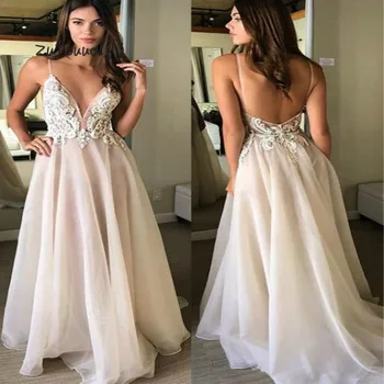 

Fitted Evening Dress Long 2019 Light Pink Sexy Backless Plugging Neckline Boho Prom Dresses With Appliques For Graduation Date