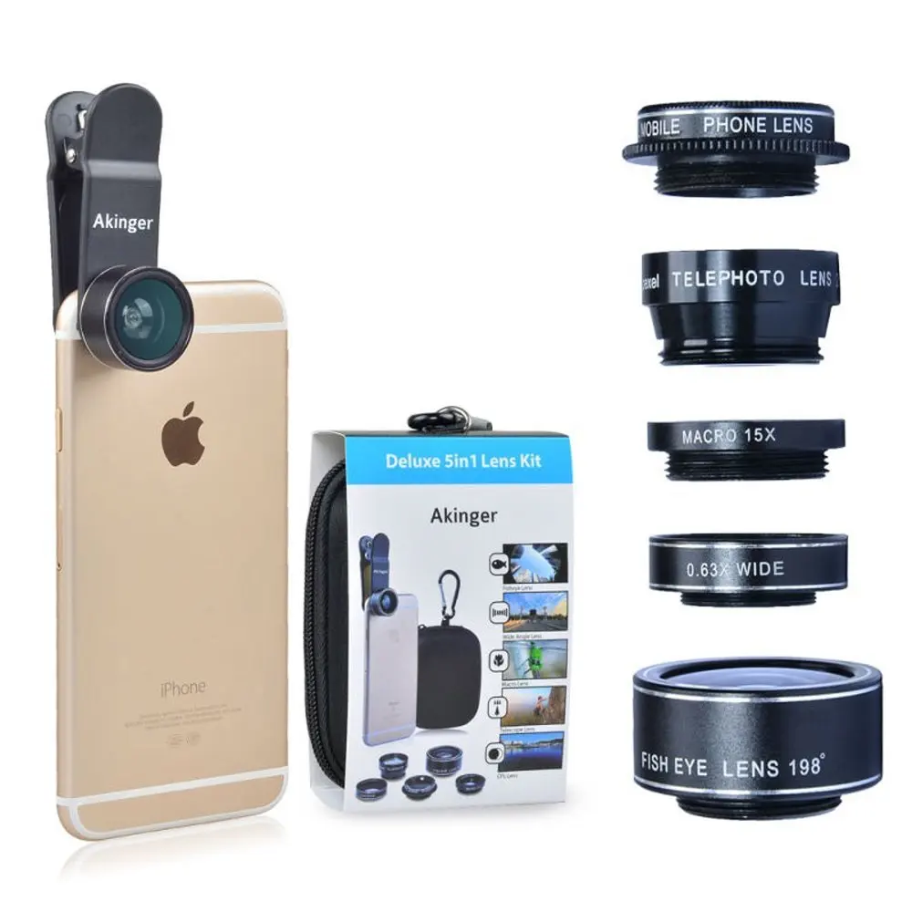 

Akinger 5 in 1 HD Camera Lens kit mobile phone lens for iPhone 5/6/7/8S Samsung Galaxy S7/S7 Edge and Other Android Smartphone