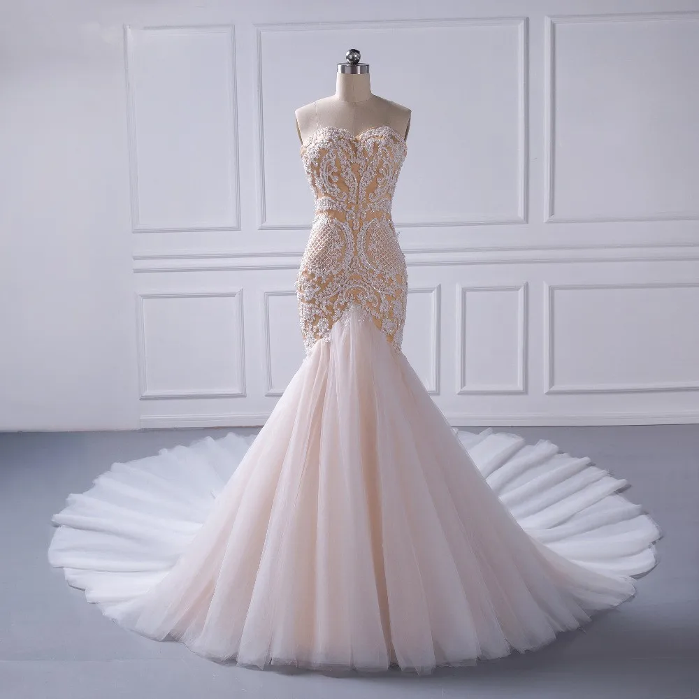 Vestidos De Novia Элегантные без бретелек с декором из бисера хрусталя жемчуг Русалка