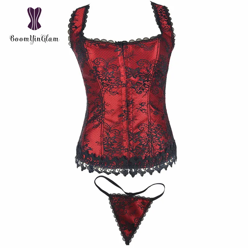 

3 Hooks Closure Overlay Lace Women's Slimming Body Shaper Spandex Halter Neck Overbust Corset Bustier With G String 892#