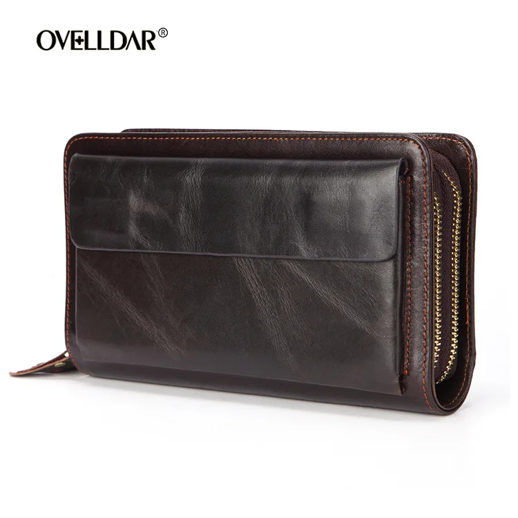 Mens Wallet Long Oil Wax Leather Double Zipper Wallet Clutch Purse