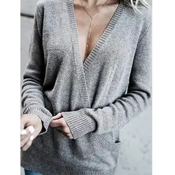 Savabien сексуальный женский Глубокий v-образный вырез женский полувер Свободный пуловер верхняя одежда длинный рукав более размер d женские