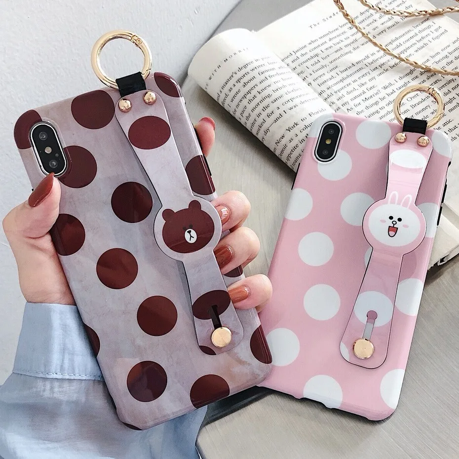 

Cartoon Case for iPhone 7 8 6 6S Plus Brown Cony Cute Lovely Line Polka dot Wrist Strap Cover for iPhone X XR XS Max Case Coque