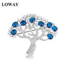 LOWAY Luxury Apple Tree Design Blue Cubic Zirconia Brooch Female Jewelry for Women Christmas Gifts HJ8041