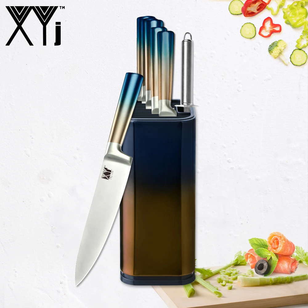 

XYj Stainless Steel kitchen Knives Set Blue Yellow Handle With Same Color 8 Inch Knife Stand Knife Sharpener Kitchen Cooking Set