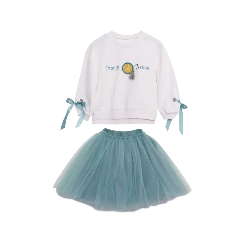 

Girls Suits Autumn Spring New Fruit Pattern T Shirt+ Skirt with Bag Long-sleeved T-shirt Mesh Tutu Two-piece Clothes Set CA159