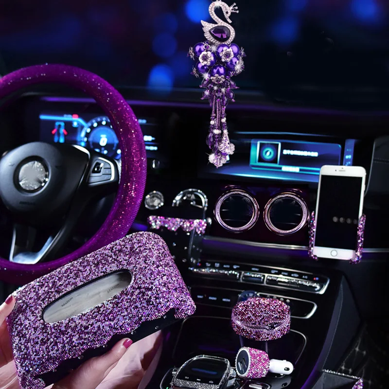 Purple Crystal Car Ornaments Decoration Rhinestone Steering Wheel Cover For Girls Car Ashtray Pendant Interior Accessories Novelty Car Accessories On