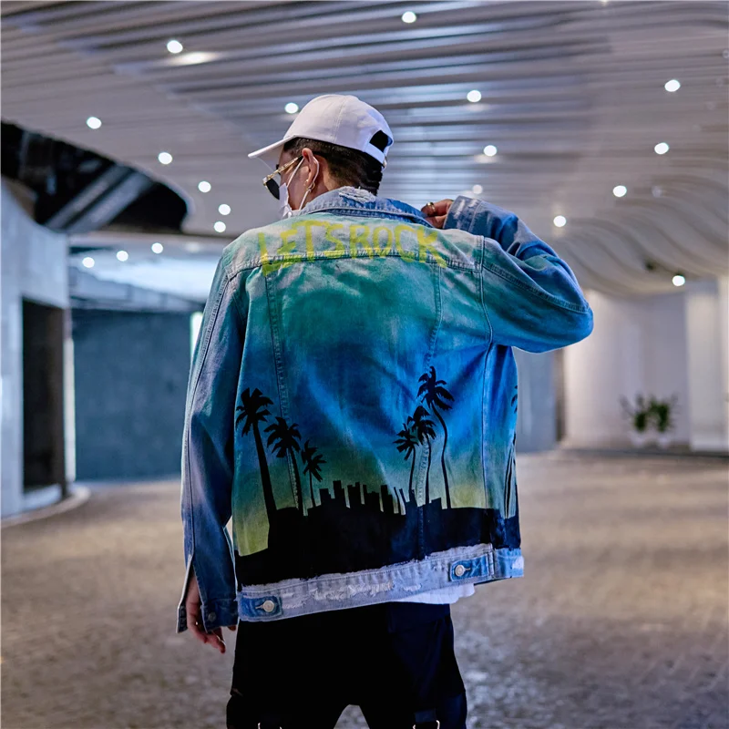 Men's Denim Jacket Streetwear Hip-hop Washed Destroyed Man Jacket Coconut Tree Print Loose Jacket Men's Spring Autumn