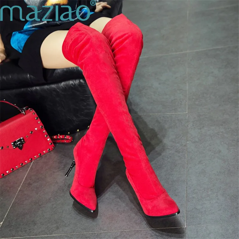 

Women Boots Denim Pointed Toe Short Plush Fine Heel Sexy Warm Thigh High Boots for Plus Size Women MAZIAO