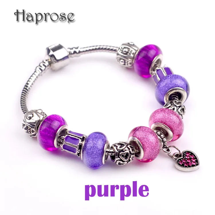 Jewelry Purple Crystal Heart Charm Bracelets & Bangles silver plated Jewelry for Women Gift DIY Jewelry pulseiras feminina Jewelry Purple Crystal Heart Charm Bracelets & Bangles silver plated Jewelry for Women Gift DIY Jewelry pulseiras feminina