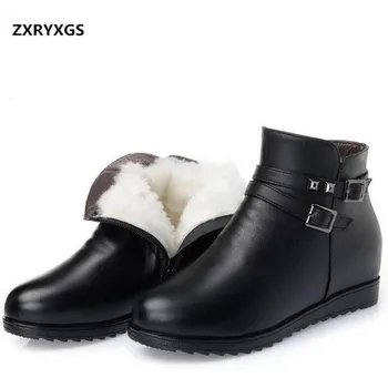 

2019 New Winter Women Boots Comfort Plush and Wool Warm Snow Boots flat Increase Genuine Leather Shoes Ankle Boots Plus Size