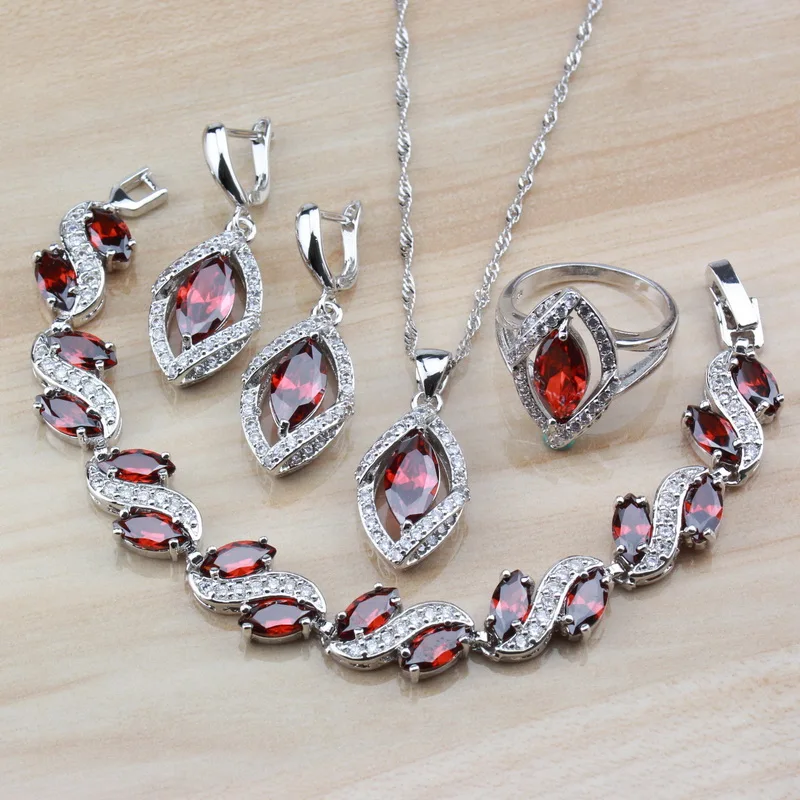 

Wedding Party Costume 925 Silver Red Garnet Bridal Jewelry Sets Zircon Dangle Earrings/Bracelet/Ring For Women Gift