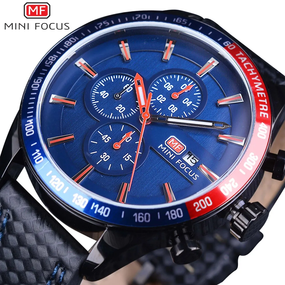 

MINI FOCUS Men Sport Watches Luxury Quartz Analog Leather Blue Dial Multi-functional Military Men's Wristwatches Male Clock