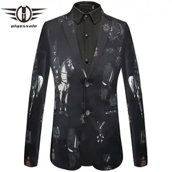 Plyesxale Для мужчин пиджаки 2018 рыцарь лошадь узор Мужская мода печатных блейзер Однобортный Повседневное мужской пиджак Q442