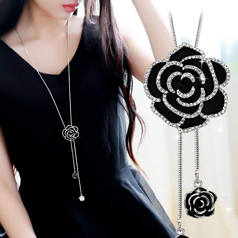 

DuoTang Trendy Enamel Black Flower Pendant Necklace Rhinestne Silver And Gold Color Long Chain Sweater Necklace Women Jewelry