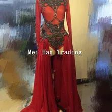 Красный Хэллоуин наряд Boysuit с длинной юбкой Костюмы комплект певица вечерние Show Сияющий износа сценический костюм горный хрусталь платья