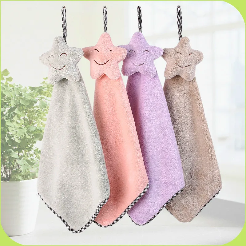 High Quality Smiling Star Face Hanging Hand Towels Kitchen Towel Coral