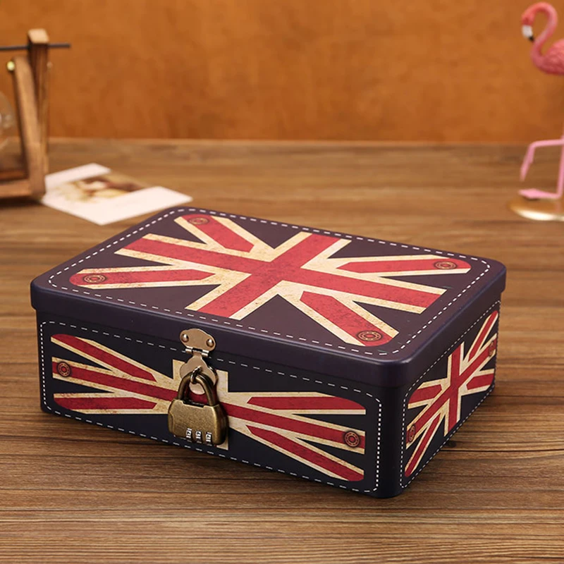 Retro Iron Key&Password Cosmetic Storage Box Desktop Skin Care Jewelry Lipstick Makeup Mask Container Sundries Organizer