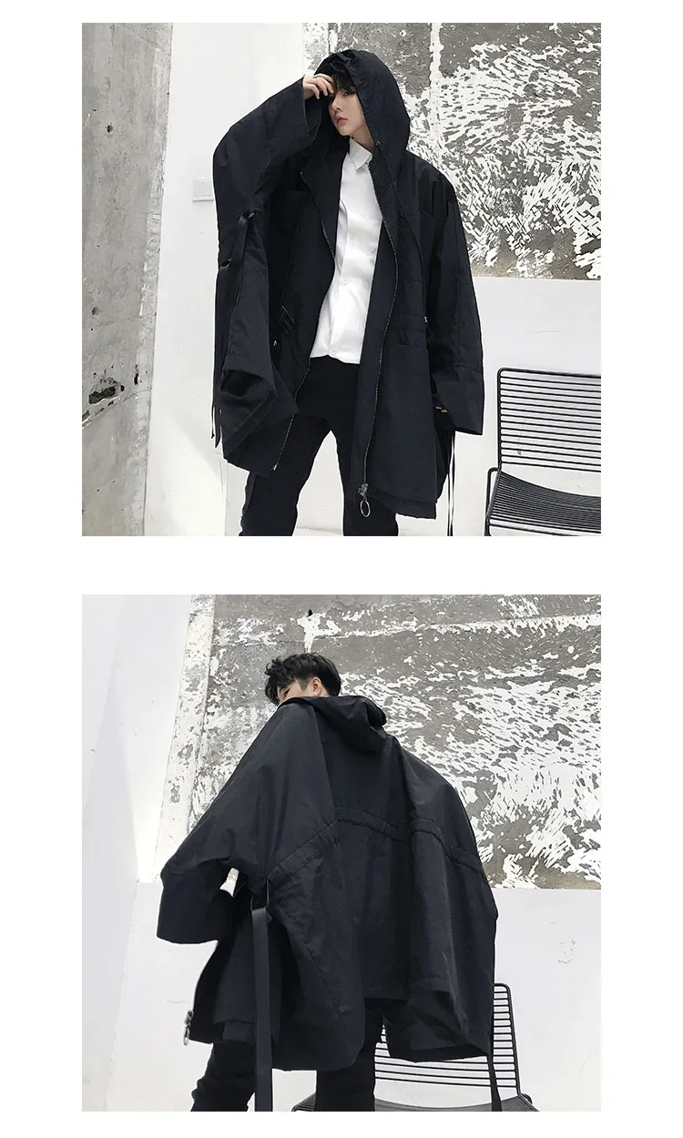 Мужской черный плащ с капюшоном больших размеров, мужская и женская уличная одежда в стиле хип-хоп, панк, готический стиль, плащ-ветровка, куртка, одежда для пар
