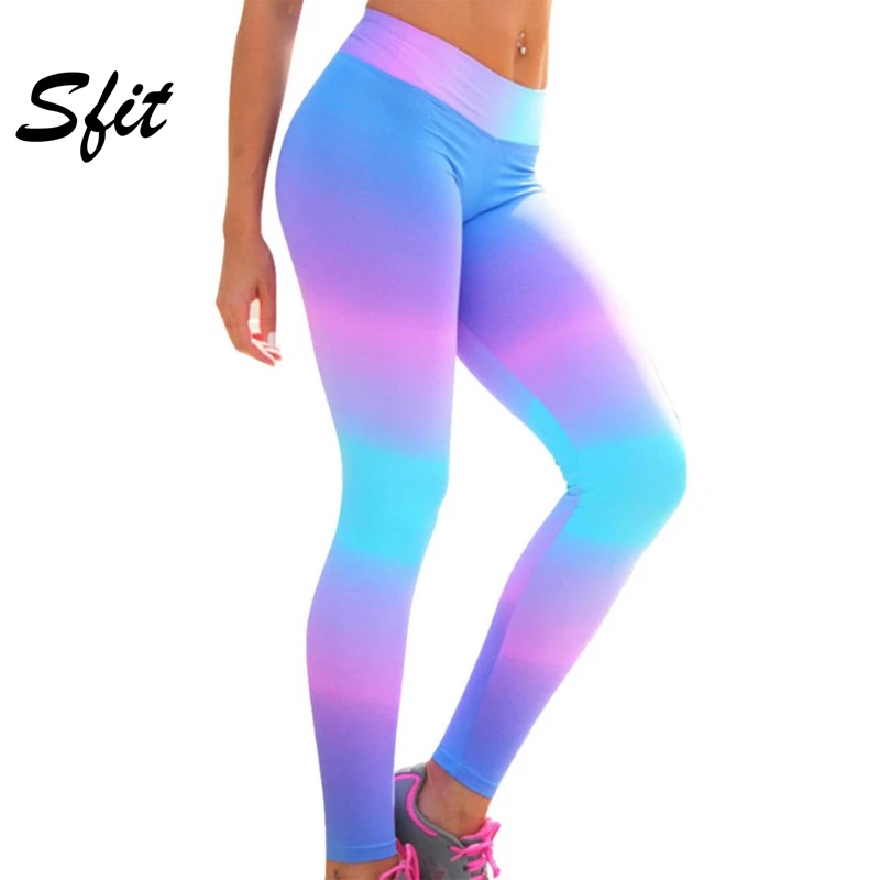 

Sfit 2019 Women Yoga Pants Print Hip Running Leggings Elastic Stretch Fitness Pants Rainbow High Waist Quick Drying Swetpants