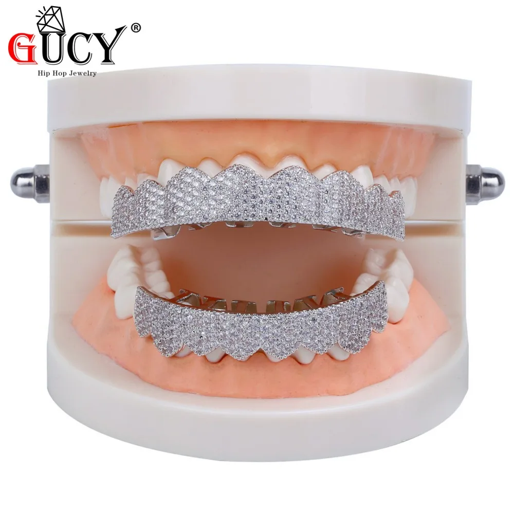 GUCY Custom Fit цвета: золотистый, серебристый все льдом хип-хоп ЗУБЫ Grillz микро Pave кубический циркон восемь верхних и нижних зубов грили набор