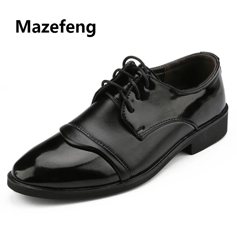 

Mzefeng Men Dress Shoes Formal Business Work Soft Patent Leather Round Toe for Man Male Men's Oxford Flats Size 39-44 Lace-up