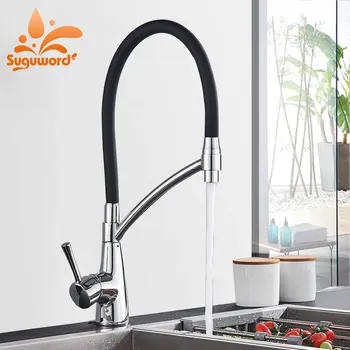 

chrome with black Kitchen Faucet Deck Mount hot cold mixer crane tap rotation and pull down spout free Stretch