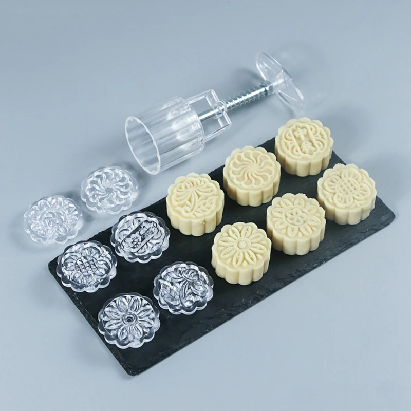 Hot 6PCS/Set 50g DIY 3D Moon Cake Mold Hand Pressure Flower Motif Pastry Mooncake Round