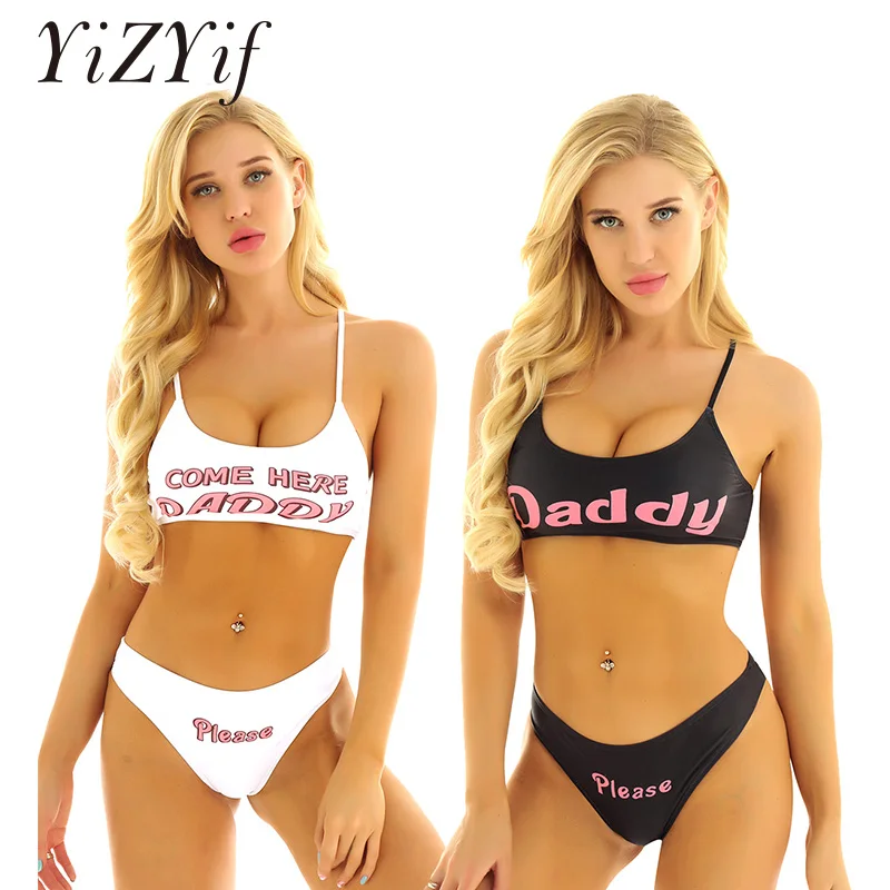 Alvivi Womens 2Pcs Swimsuit Bikini Set Yes Daddy Printed Bra Crop Tops with Low Rise Briefs 