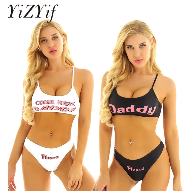 Alvivi Womens 2Pcs Yes Daddy Printed Bikini Swimsuit Sleeveless Bra Crop Tops with Low Rise Briefs Underwear