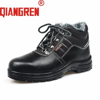 

QIANGREN Military Brand Men's Winter Genuine Leather Rubber Safety Black Boots Male Outdoors Work Safety Shoes Homme Plush Warm