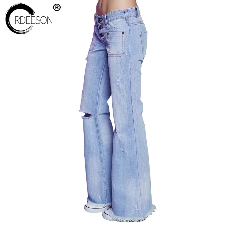 ORDEESON Wide Leg Distressed Flared Jeans Women Rasgado Para As Mulheres Denim Clothing 2017 Vintage Cotton Bell Bottom Jeans
