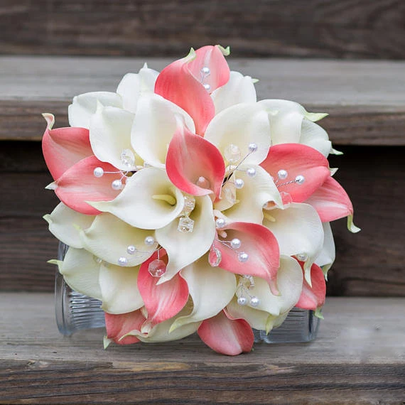 Artificial Calla Flower Wedding Bouquet Pink Lily Flowers 2 Artificial Calla Flower Wedding Bouquet Pink Lily Flowers 2 Colours Pearls Bride