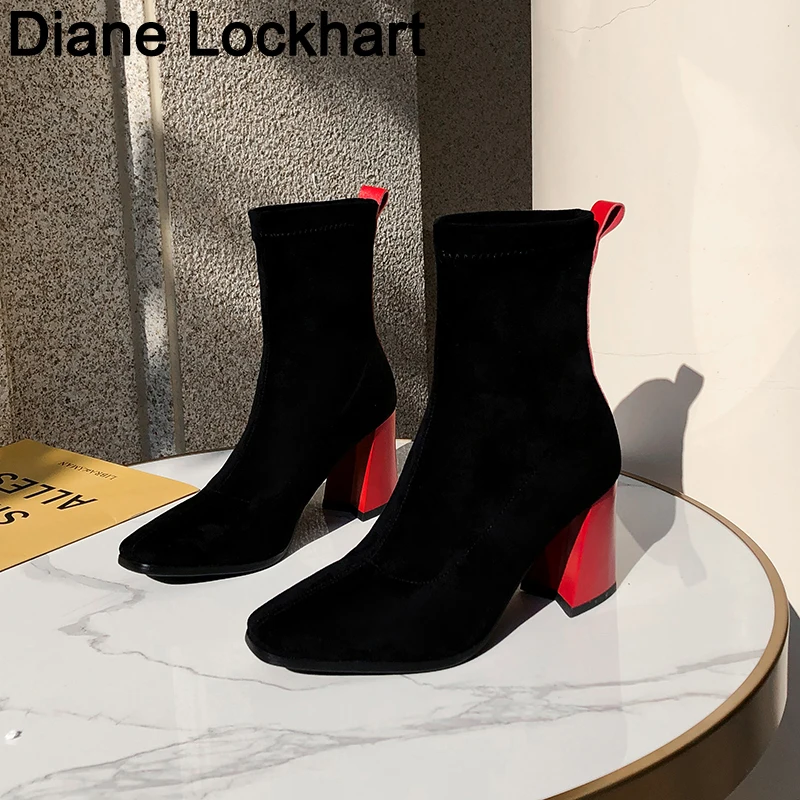

Women Black Ankle Sock Boots 2019 Fashion Spring Autumn Stretch Booties Chunky High Heels Pointed Toe Women Shoes Bota Feminina