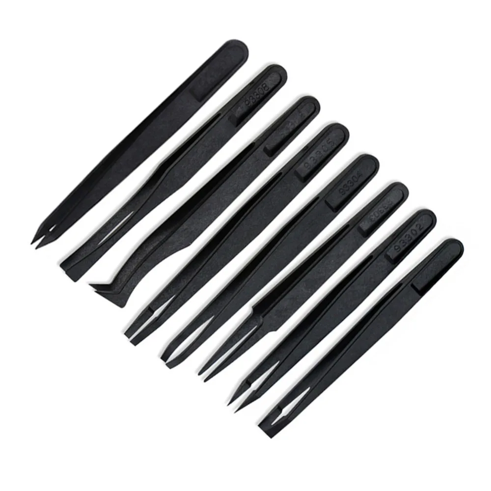 

8 in 1 ESD Electronic Tweezers Kit Anti-static Plastic Forceps PCB Repair Hand Tools Set Multifunction Black Portable Tweezers