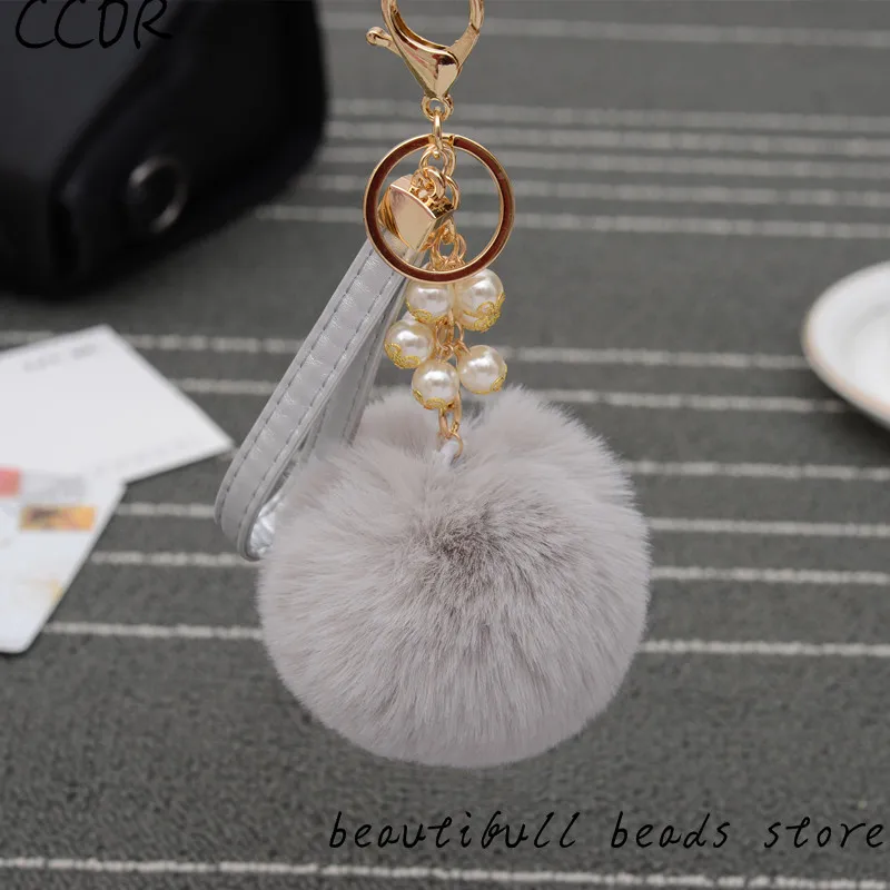 

CCOR NEW Imitation Rabbit Fur Fluffy keychain Pearl Pendant Leather Chain keychain car bag accessories,1pcs,MQ0031