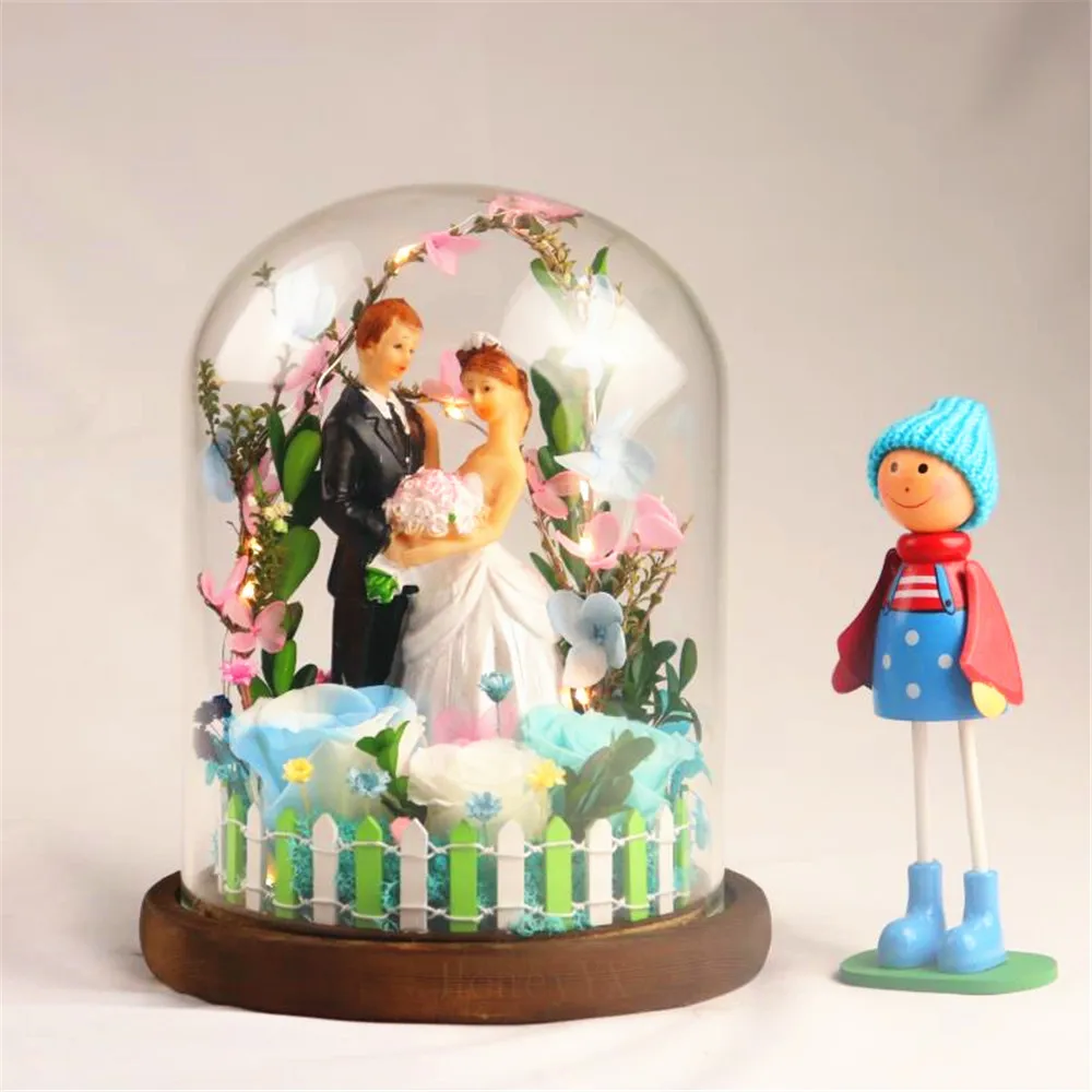 

Light Blue Natural Fresh Rose with Lights In Glass Vase Preserved Cloche Wedding Decorations Forever Rose Flower Unique Gifts