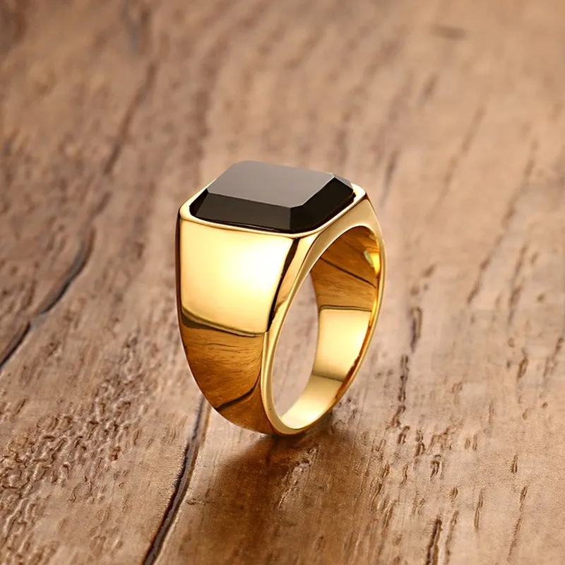 Стильный черный камень перстень кольца для мужчин нержавеющая сталь золотой тон мужской кольцо Бизнес офис подарки
