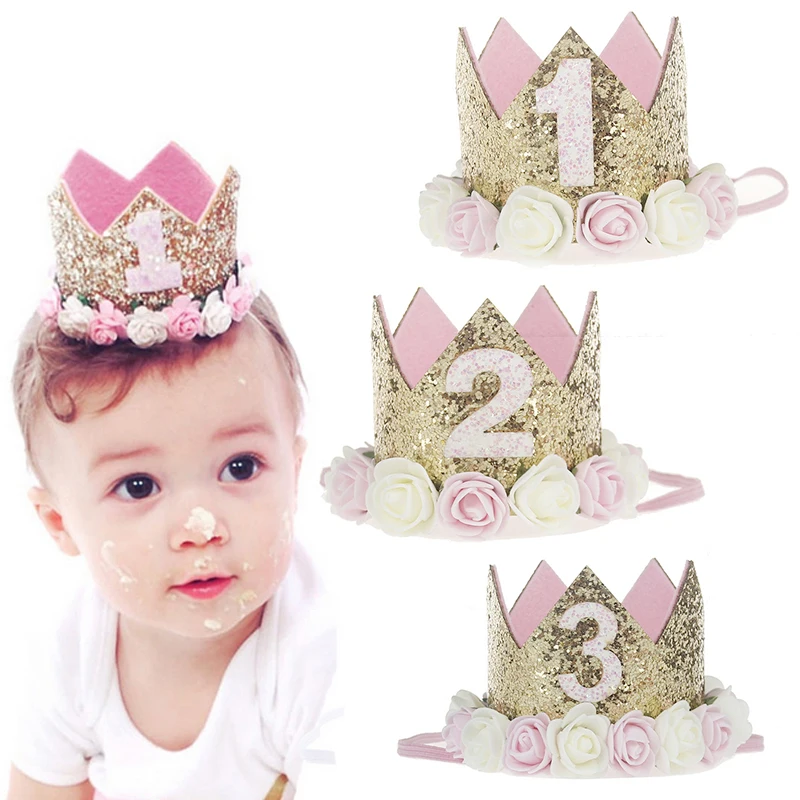 Flower Crown Newborn Headband Gold Birthday Crown Flower Tiara Headband for Girls Party Headwear Hair Bands