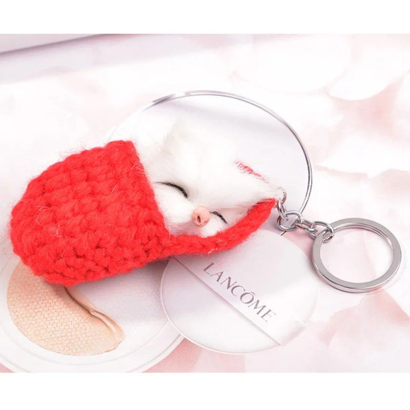

Cute Sleeping Cat Pompom Keychains For Women Girls Handmade Woven Shoes Faux Rabbit Fur Kitten Key Chains Fluffy Car Key Rings