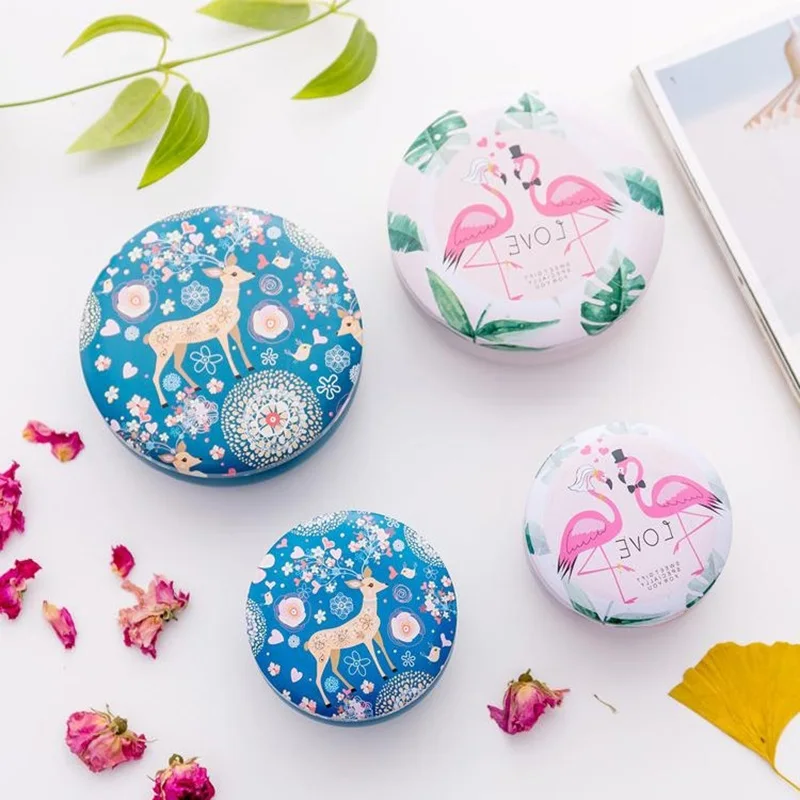 

New Cute Cartoon Animal Flamingo Deer Gift Box Round Shape Tinplate for Kids Stationery Candy Women's jewelry storage box