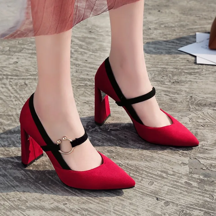 

PXELENA 2018 Spring New Women Pumps Chunky Block High Heels Shoes Female Hot Pointed Toe Faux Suede Mary Janes Dress Heels 34-43