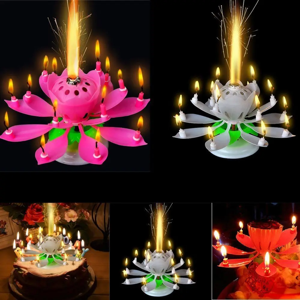 

Suprise Rotating Happy Birthday Party Musical Flower Candle Decoration Light Romantic Musical Lotus Music Candle