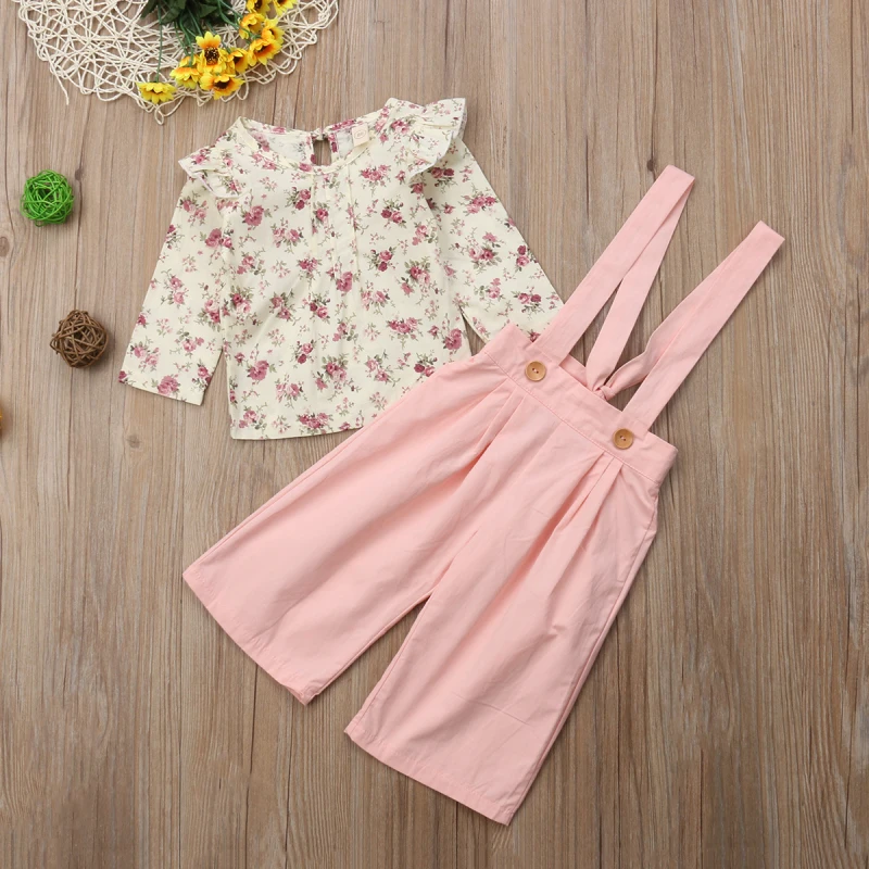 Комплект из 2 предметов, зимняя одежда для маленьких девочек, топы с цветочным принтом + штаны, Комбинезоны