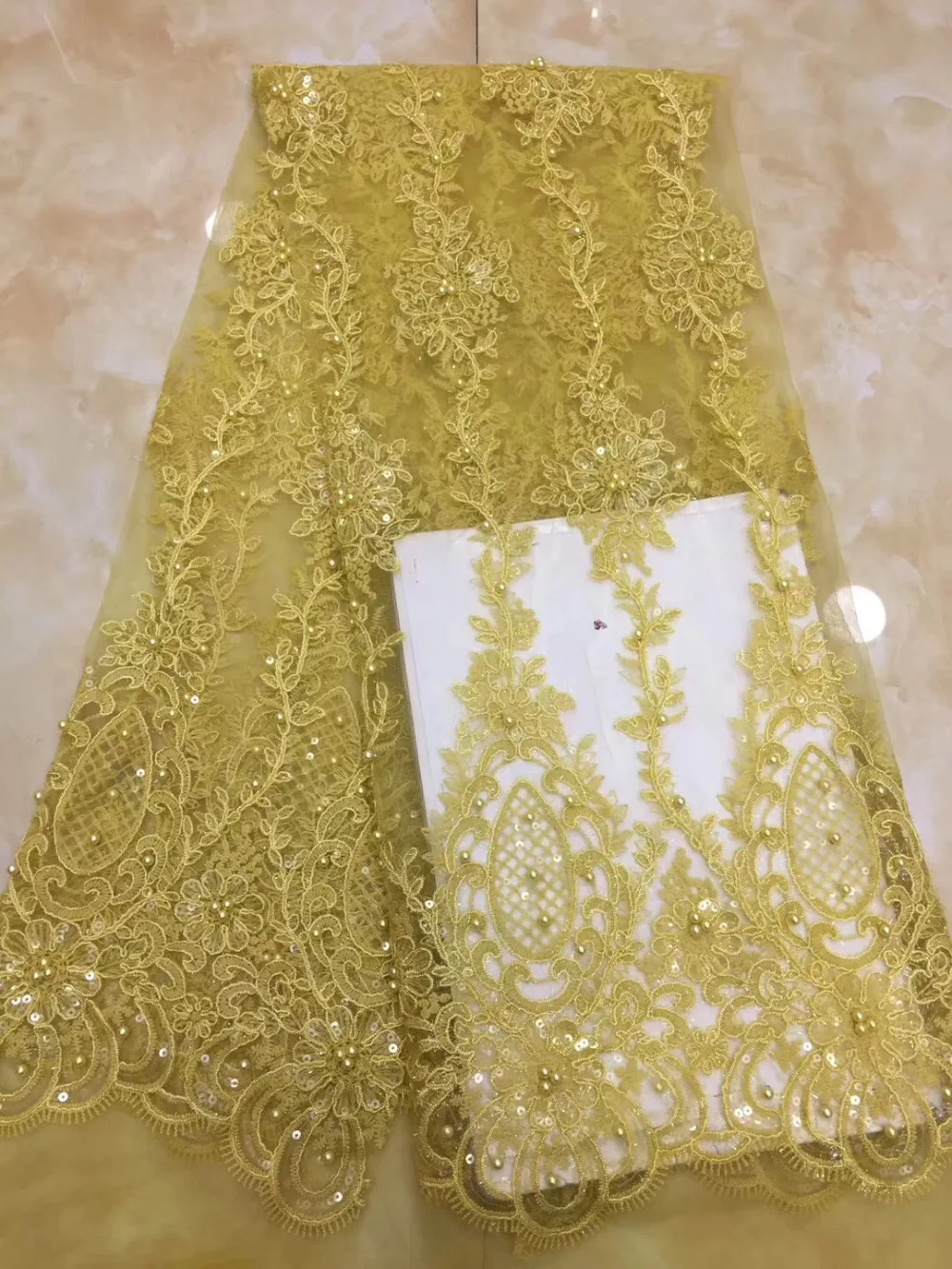 

African Tulle Lace Fabric Pink High Quality French Nigerian Mesh voile With Beads Lace Fabrics Yellow 5 yards For Wedding A966