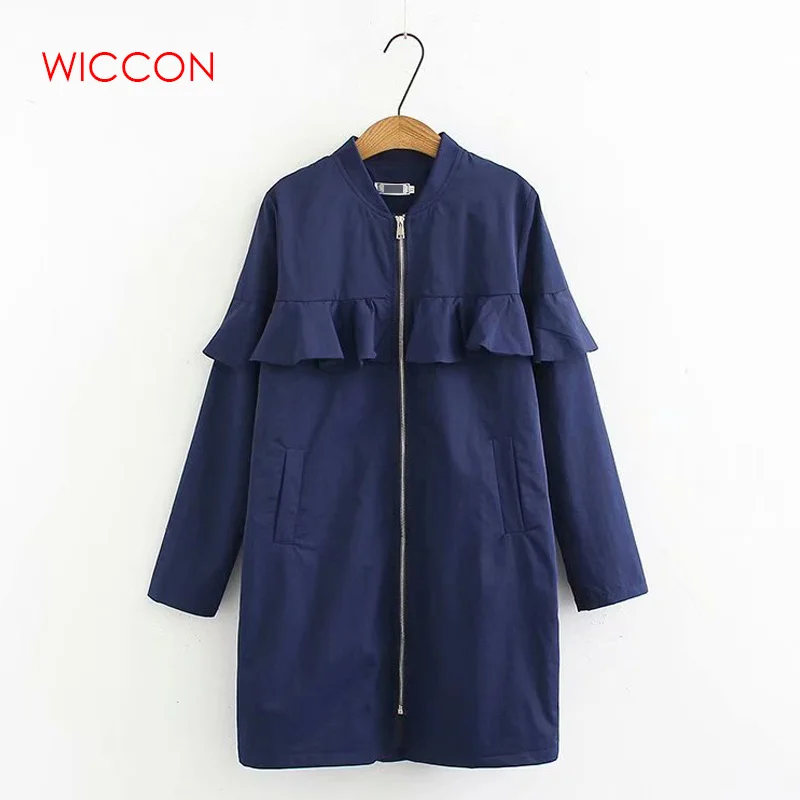 

Women Zipper Casual Ruffles Trench Coat Ladies Girl Autumn Style V-neck Loose Long Trench Solid Outerwear