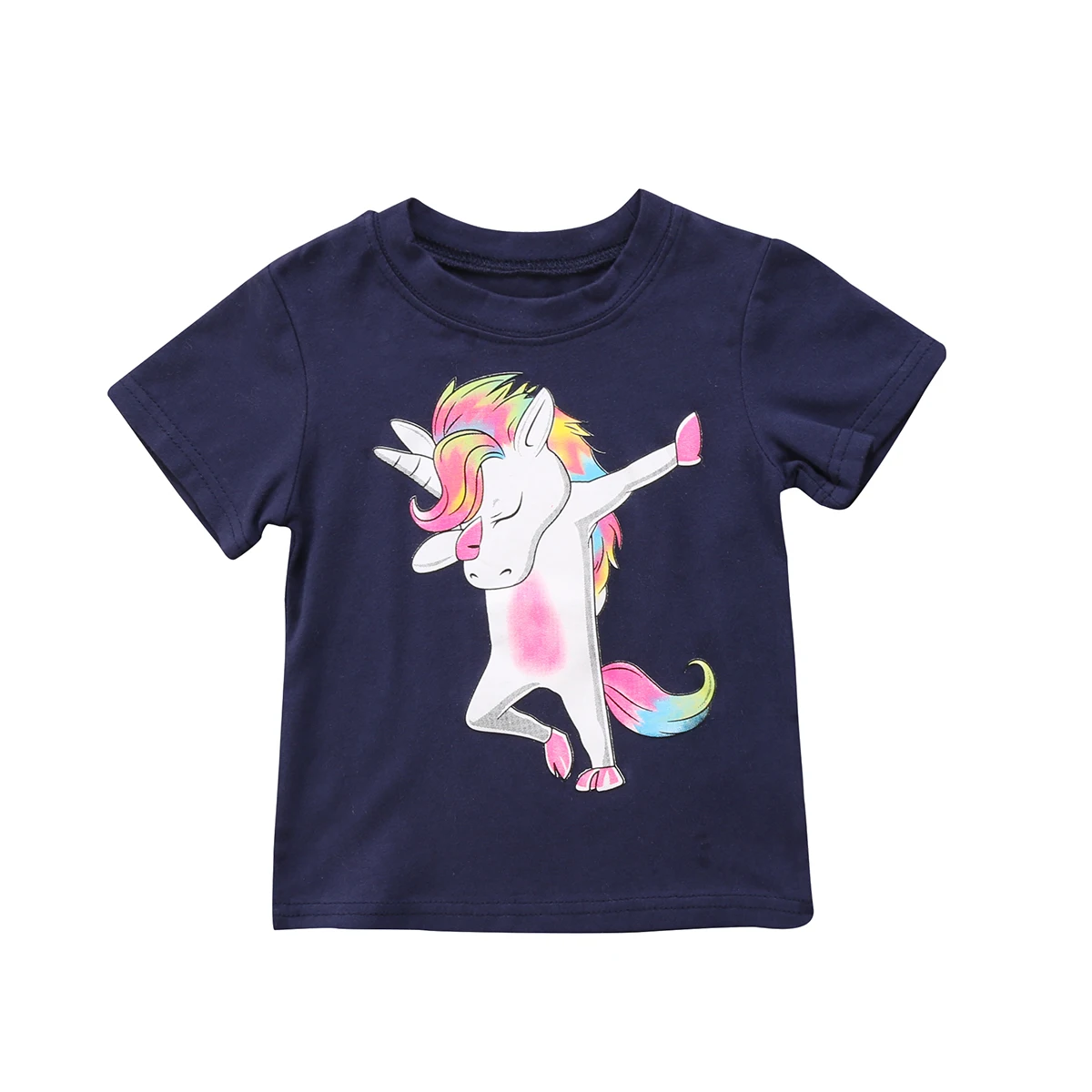 Toddler Kids Baby Boys Girls Unicorn Short Sleeve Tops Navy Blue Simple